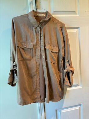 Relaxed Button-Front Utility Blouse in Taupe